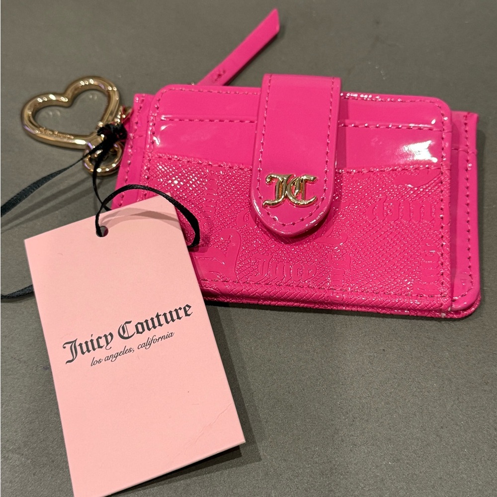 Juicy Couture Hot Pink Card Holder with Heart Key Chain and Gold JC Emblem